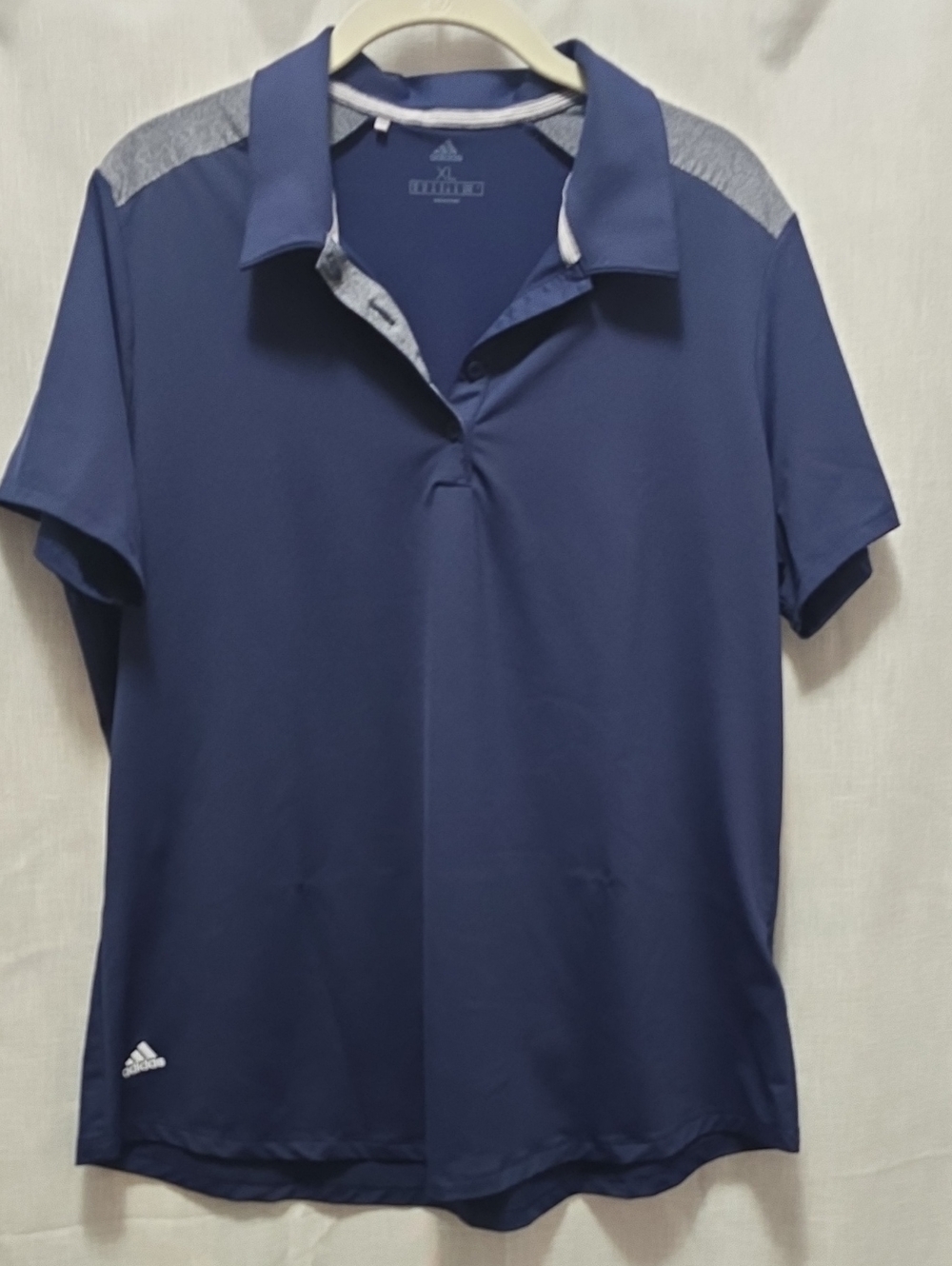 adidas Women Navy Golf Shirt with Light Gray Heather Shoulder Panels